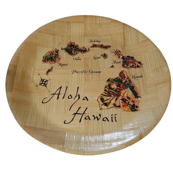 Hawaii Souvenir Shallow Platter Bowl Tray Woven Bamboo of Hawaiian Islands Map - Picture 14 of 15